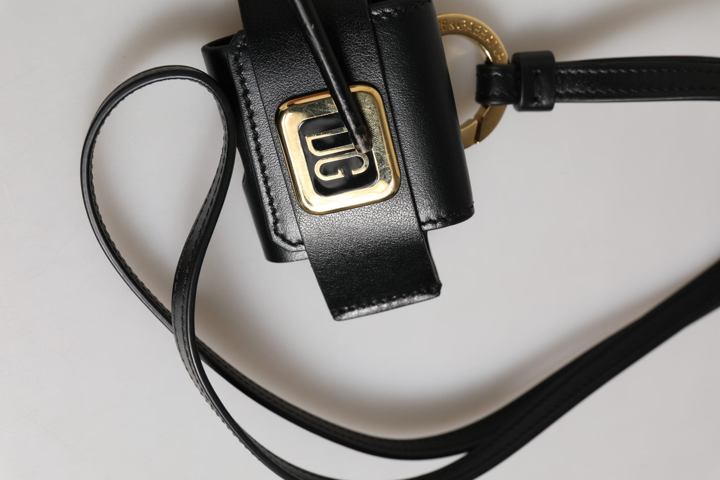 Black Leather Strap Gold Metal DG Logo Plaque Airpods Case