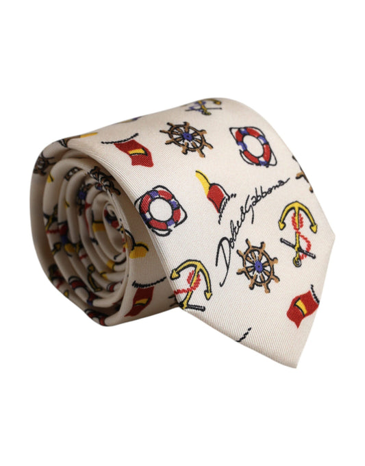 Beige Graphic Print Silk Adjustable Necktie Tie