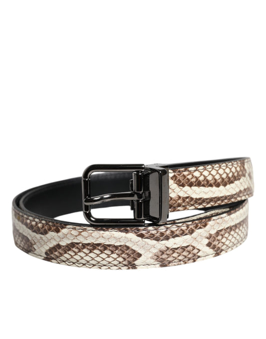 Brown Exotic Leather Classic Metal Buckle Belt
